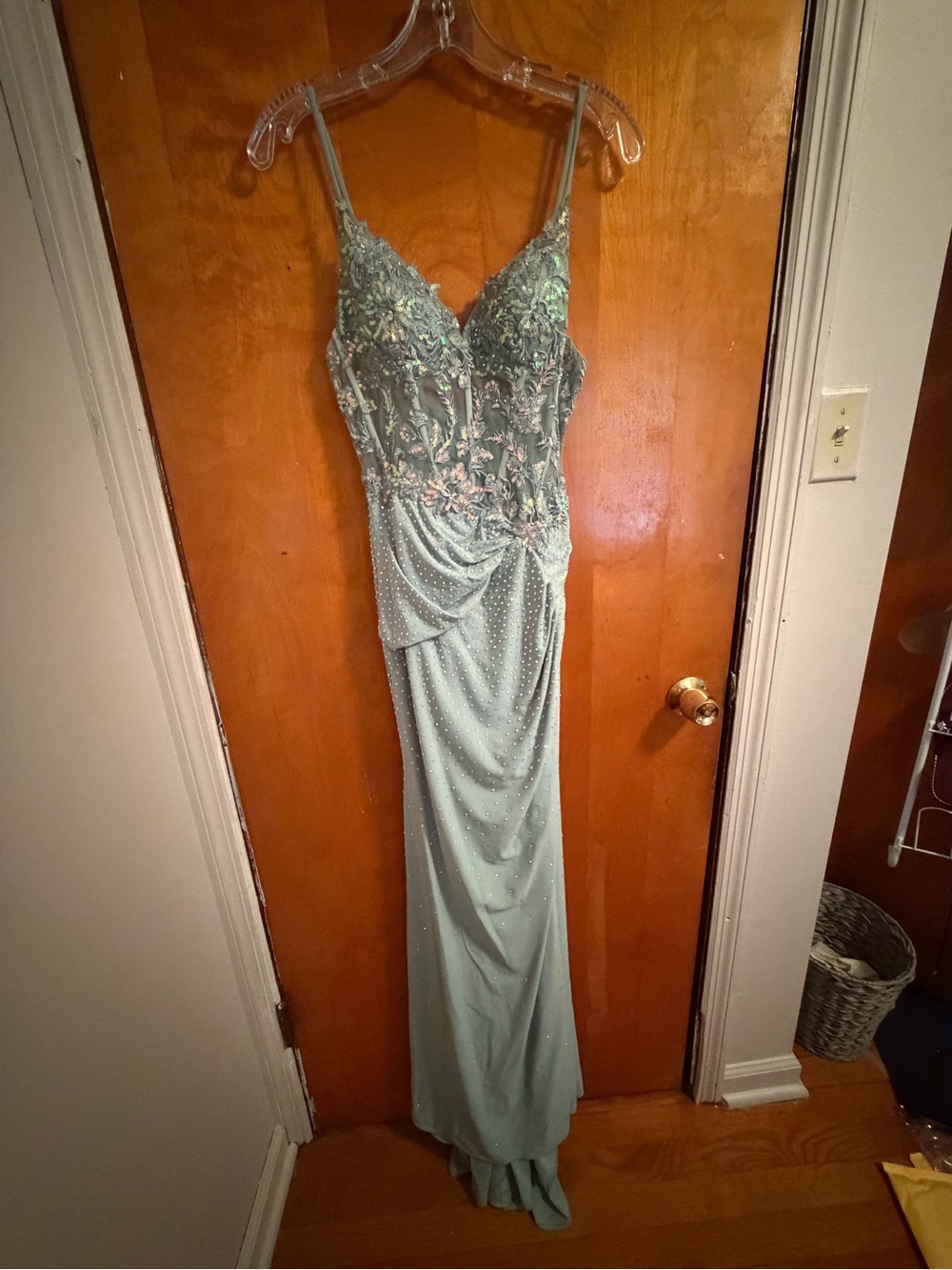 Elegant Beaded Mint Green Evening Gown With Leg Slit